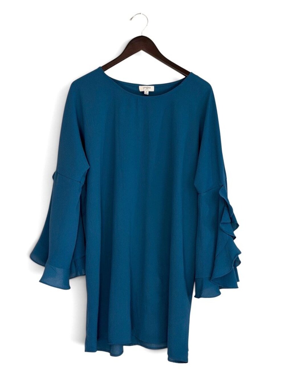 Umgee Teal Tiered Cascading Ruffle Bell Sleeve Shift Dress Tunic M